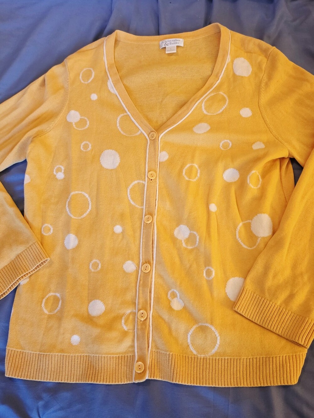 Christopher & Banks Women Cotton Knit V-Neck Button Polka Dot Cardigan L